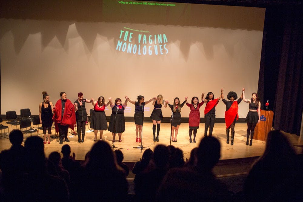<p>V-Day at UB performs its annual <em>The Vagina Monologues </em>in the Student Union Theater to promote awareness and to raise funds for an end to violence against women.</p>