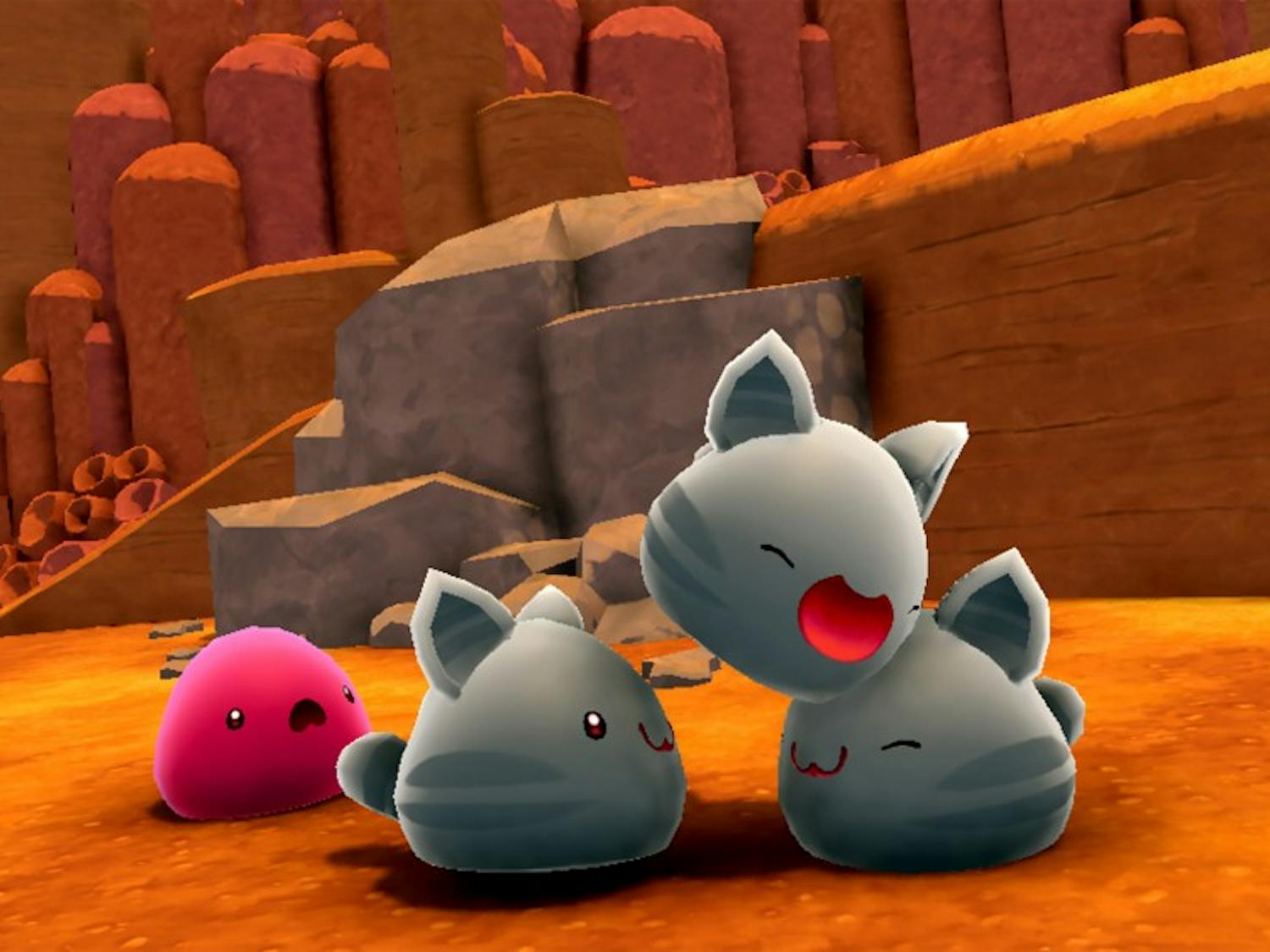 A pink slime feels left out as three tabby slimes play around. “Slime Rancher” features themes of loneliness and long-distance love that the millennial generation can especially relate to.