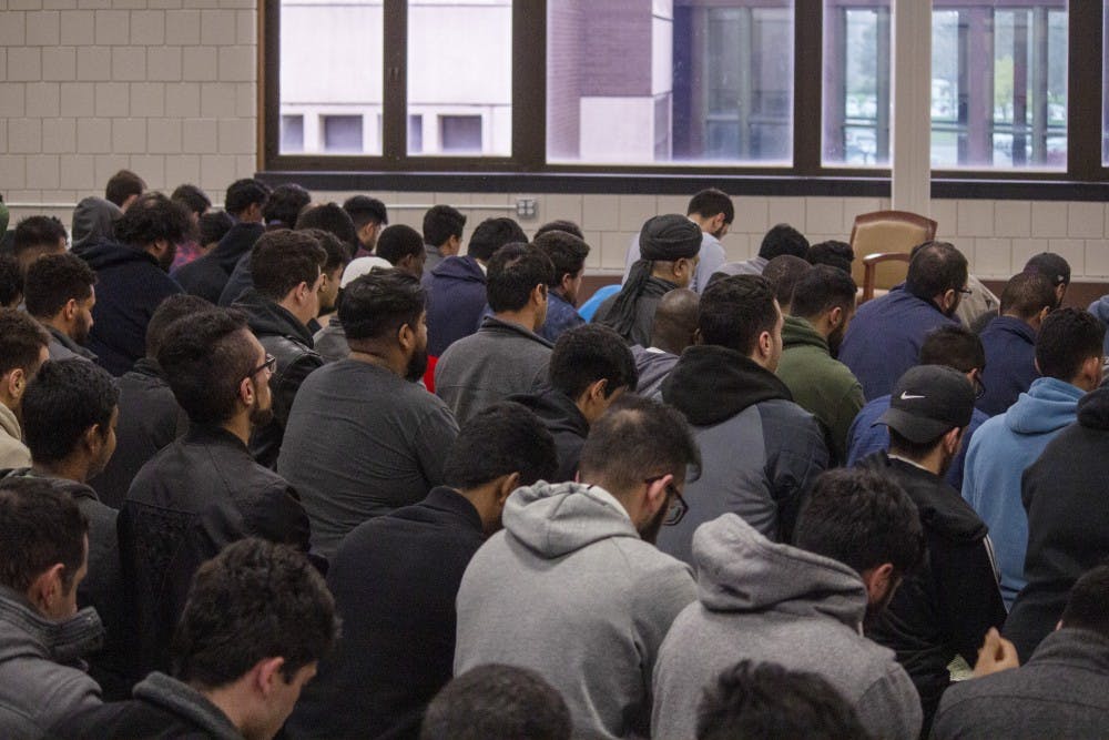 <p>Male members of MSA pray during Friday’s prayer call in the Student Union.</p>