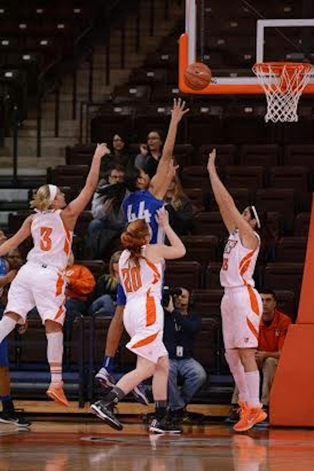 <p>Senior forward Christa Baccas scores a layup during Wednesday's 55-47 victory over Bowling Green.</p>