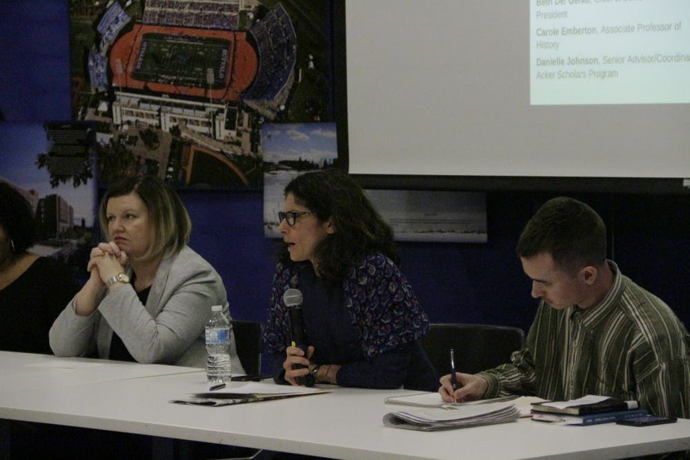 <p>&nbsp;UB Community members Benjamin Blanchet, Beth Del Genio, Carole Emberton, and Danielle Johnson, speak at a panel for difficult conversations about UB’s “Legacies on the Landscape.”&nbsp;</p>