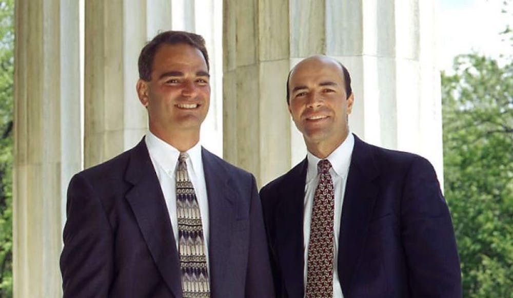 <p>(from left to right) Ross Cellino '82 and Stephen Barnes '83 donated $1 million to the UB School of Law. As a result, UB’s law school renamed 509 O’Brian Hall the “Cellino &amp; Barnes Conference Center.”</p>