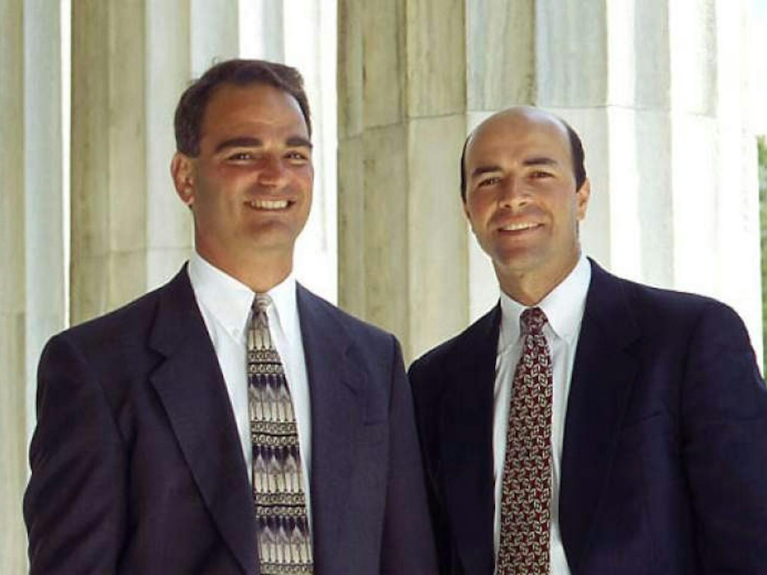 (from left to right) Ross Cellino '82 and Stephen Barnes '83 donated $1 million to the UB School of Law. As a result, UB’s law school renamed 509 O’Brian Hall the “Cellino &amp; Barnes Conference Center.”
