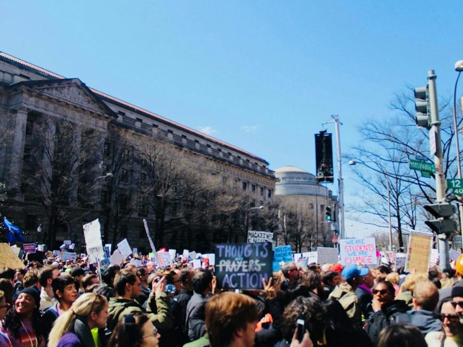 More than 1,000 people gathered in Niagara Square for Buffalo's March for Our Lives. Protesters are calling for "common sense" gun laws following the shooting at Marjory Stoneman Douglas High School on Feb. 14. 