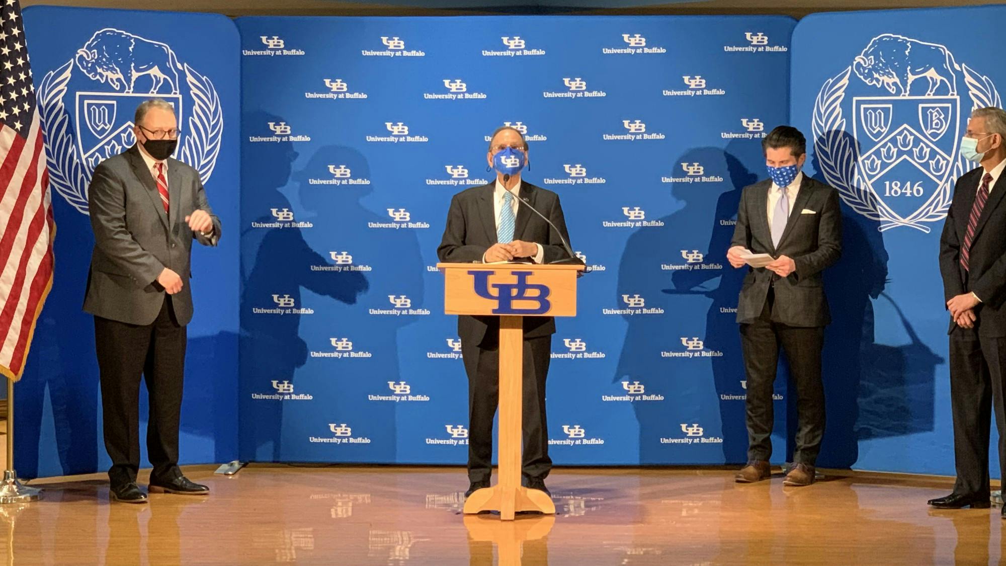 UB President Satish Tripathi and SUNY Chancellor Jim Malatras announced the creation of a COVID-19 satellite testing laboratory at Farber Hall.