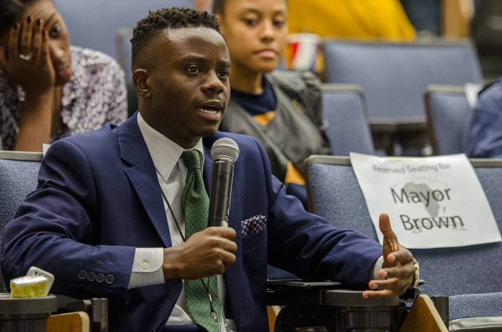 <p>Former&nbsp;Black Student Union President Micah Oliver speaks at an open forum on Sept. 23&nbsp;about the controversial "White Only" art project.&nbsp;Oliver has resigned as BSU president.&nbsp;</p>