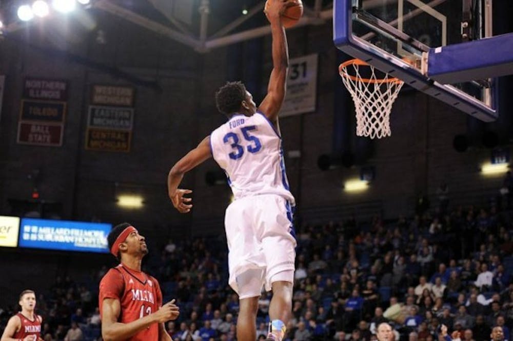 Xavier Ford scores two of his 13 points in Saturday&#39;s 77-68 victory over Miami Ohio.&nbsp;Yusong Shi, The Spectrum