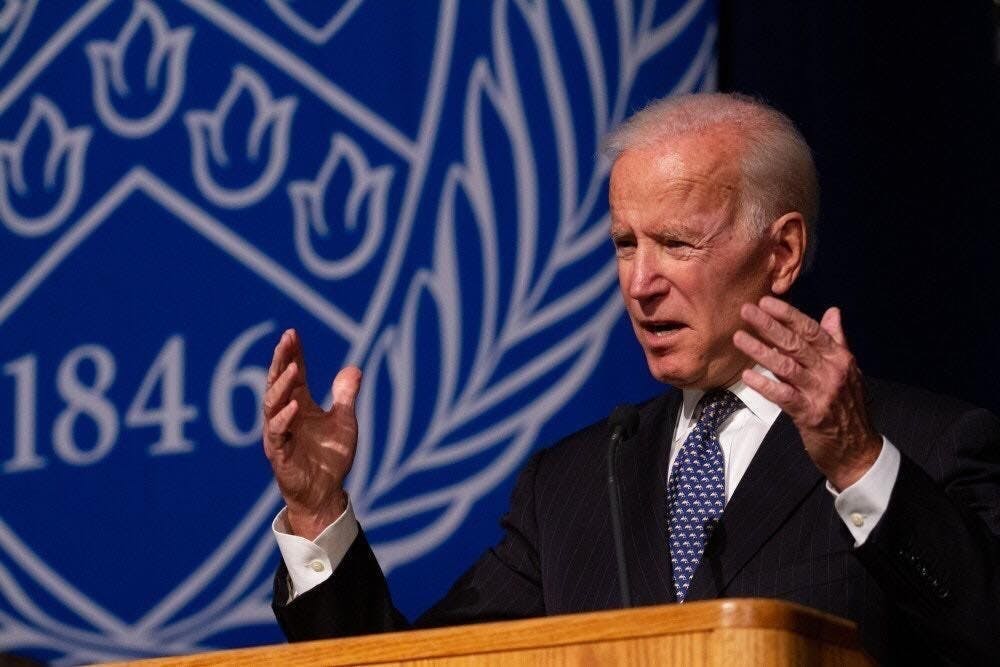 Former Vice President Joe Biden speaks at Alumni Arena as part of the annual Distinguished Speakers Series in 2018.