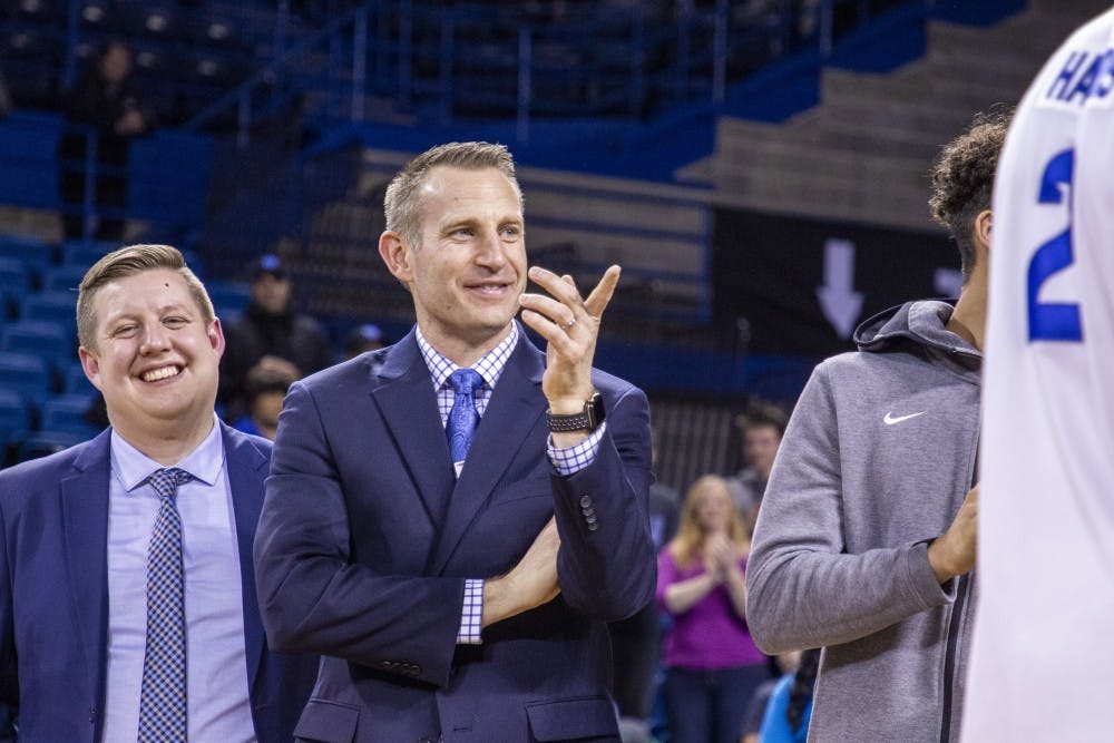 <p>Former men’s basketball coach Nate Oats looks on during senior day. Oats was guaranteed a new recreation center as part of his new contract, and the university has plans to continue despite his departure.</p>