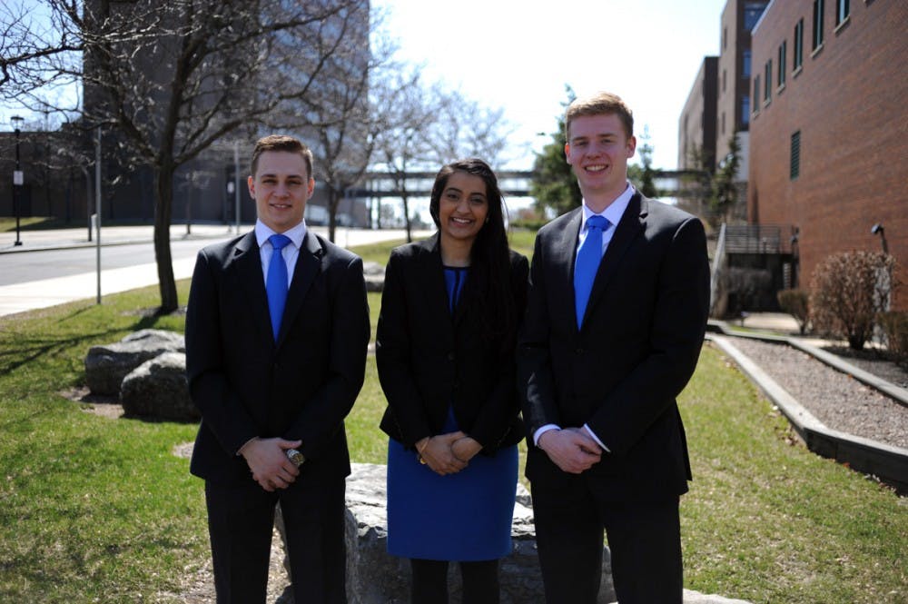 <p>(L-R) Sean Kaczmarek, vice presidential candidate; Minahil Khan, presidential candidate; and Joe Pace, candidate for treasurer, form the Unity Party and this year's candidates for SA's e-board.</p>