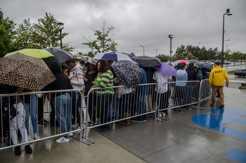 <p>UB students wait in line for Fall Fest in the cold and rain - some as long as three hours before doors opened. The line wrapped all the way down the sidewalk from Alumni to the University Police Station.</p>