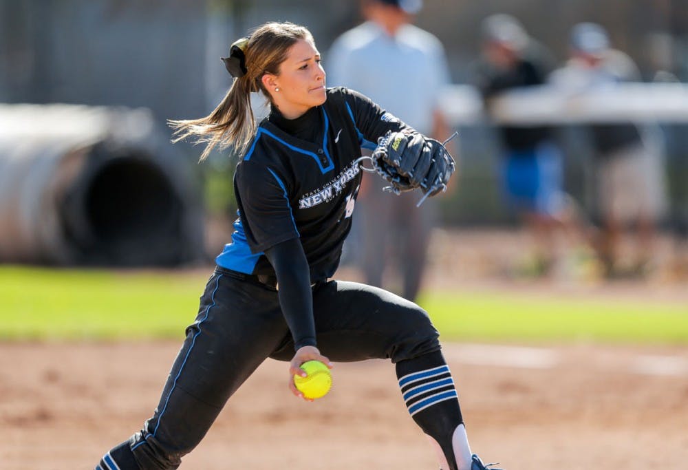 <p>Senior pitcher Hayley Barrow (pictured) throws a pitch as part of her 5.1 innings of work on Sunday as the softball team lost its sixth consecutive game - its longest losing streak of the season.</p>