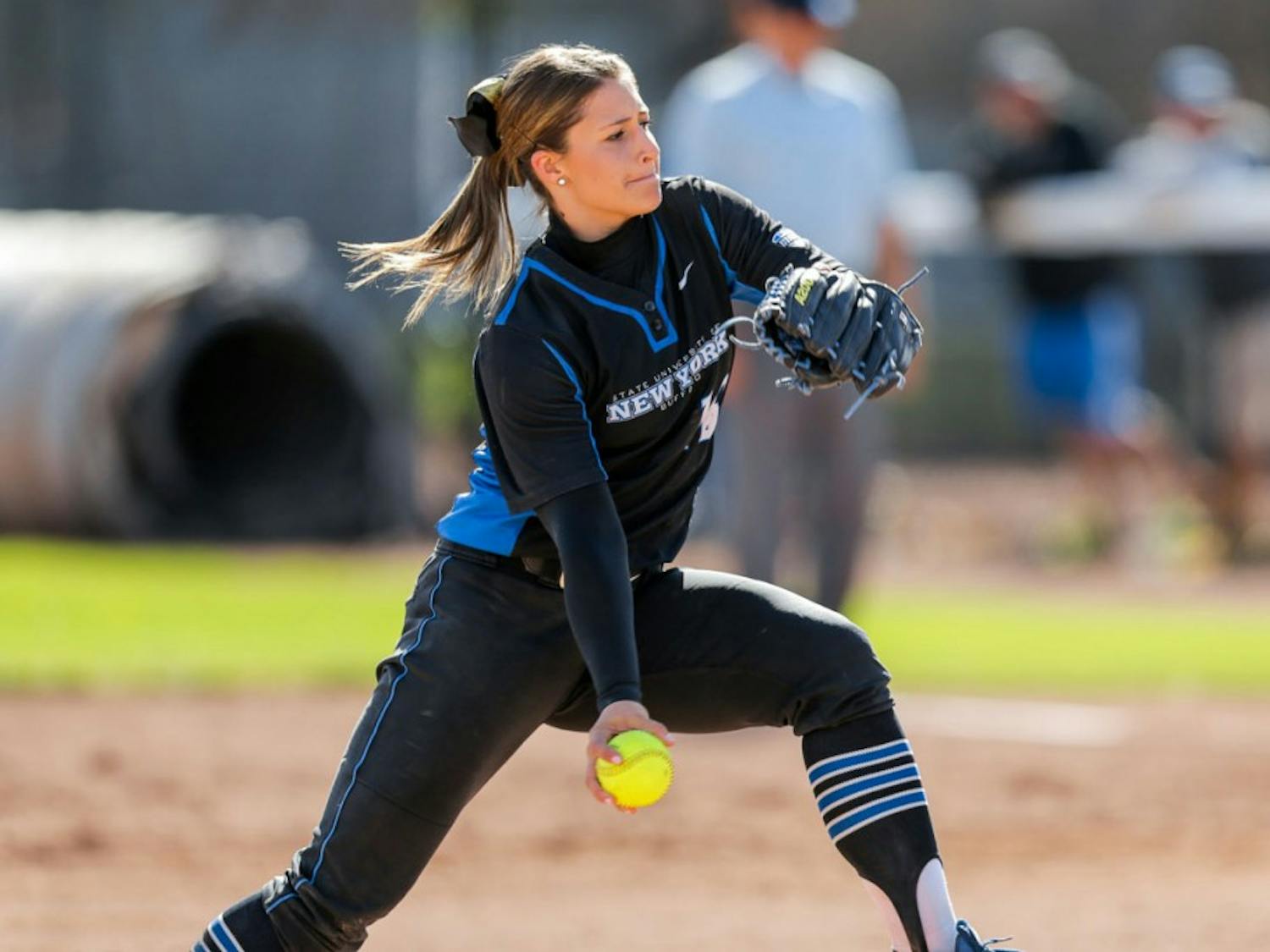 Senior pitcher Hayley Barrow (pictured) throws a pitch as part of her 5.1 innings of work on Sunday as the softball team lost its sixth consecutive game - its longest losing streak of the season.