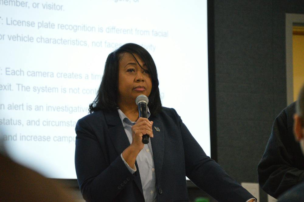 UPD Chief Kim Beaty addresses attendees during Wednesday's town hall on Flock cameras.