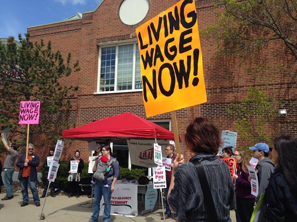<p>Roughly&nbsp;60 adjunct professors, full-time professors, teaching assistants and undergraduate students held a rally with United University Professions outside of UB Commons Thursday afternoon.</p>