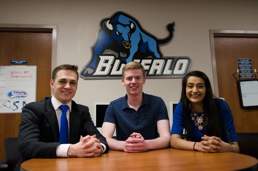 <p>(From left to right) Student Association Vice President Sean Kaczmarek, Treasurer Joe Pace and President Minahil Khan sit in the SA office after being elected in April. SA controls an approximately $4 million budget. </p>