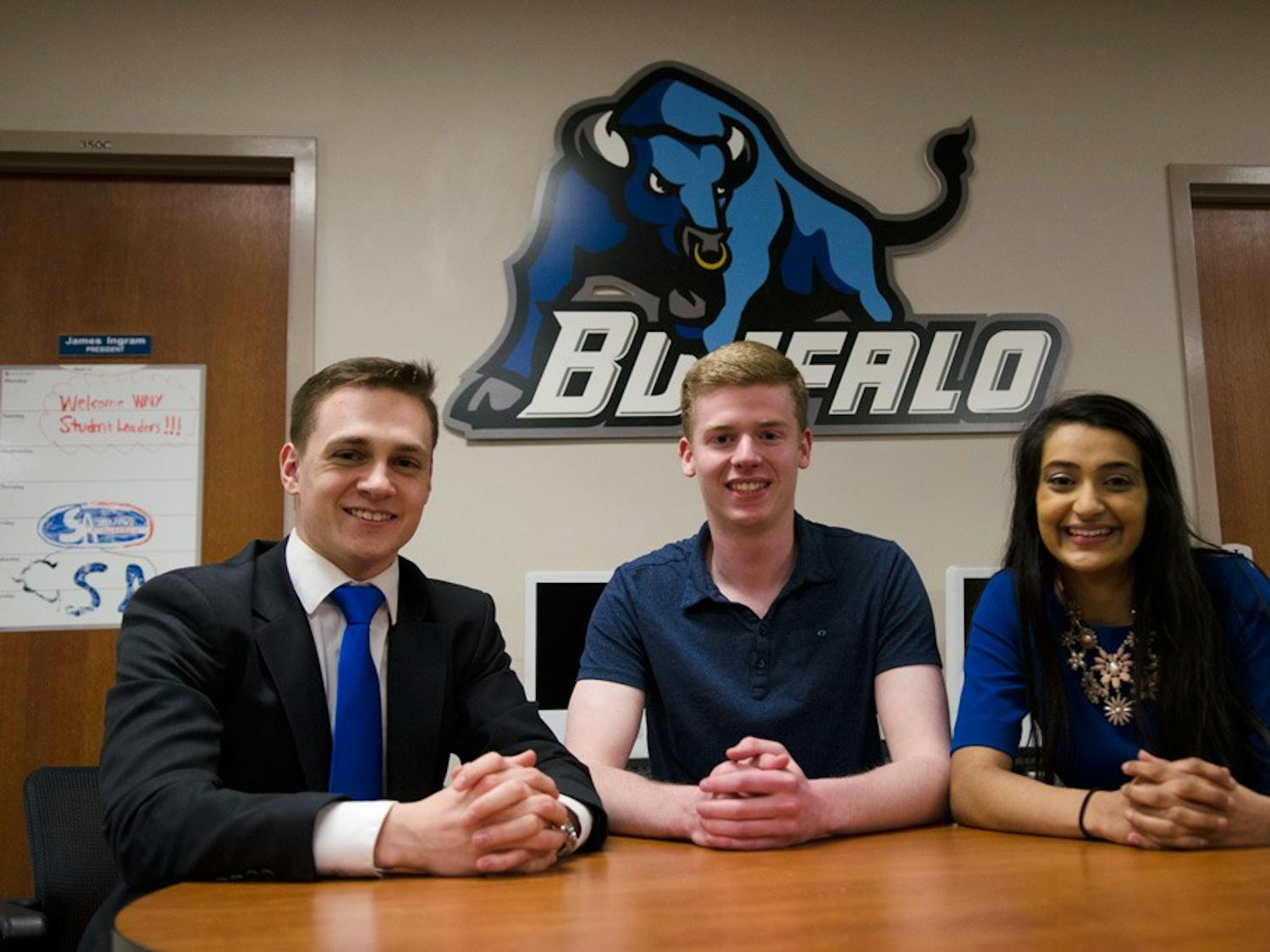 (From left to right) Student Association Vice President Sean Kaczmarek, Treasurer Joe Pace and President Minahil Khan sit in the SA office after being elected in April. SA controls an approximately $4 million budget.