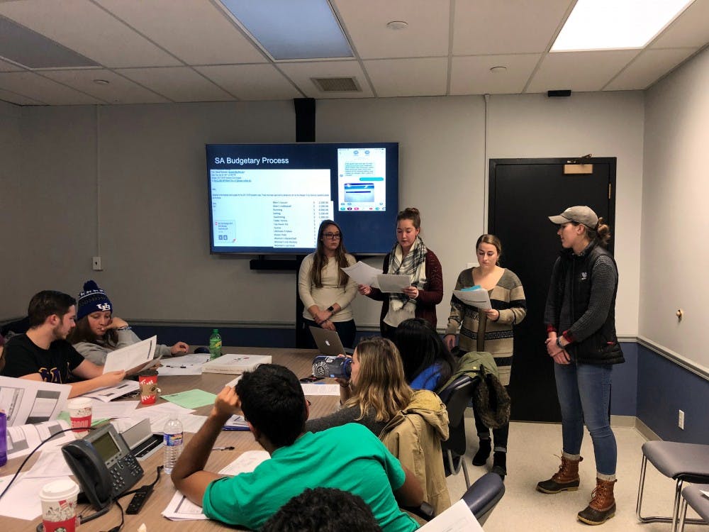 <p>The members of UB club women’s lacrosse’s e-board presenting at SA Senate’s meeting Friday evening. They are defending their argument that the team shouldn’t have been placed on probation and their budget shouldn’t have been taken away from them.</p>