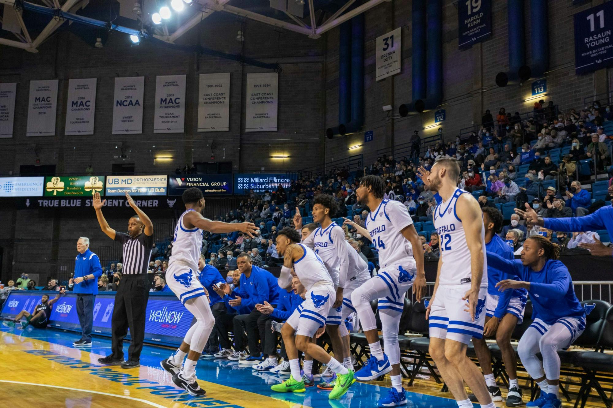 The UB bench celebrates after a big field goal during a recent game.&nbsp;