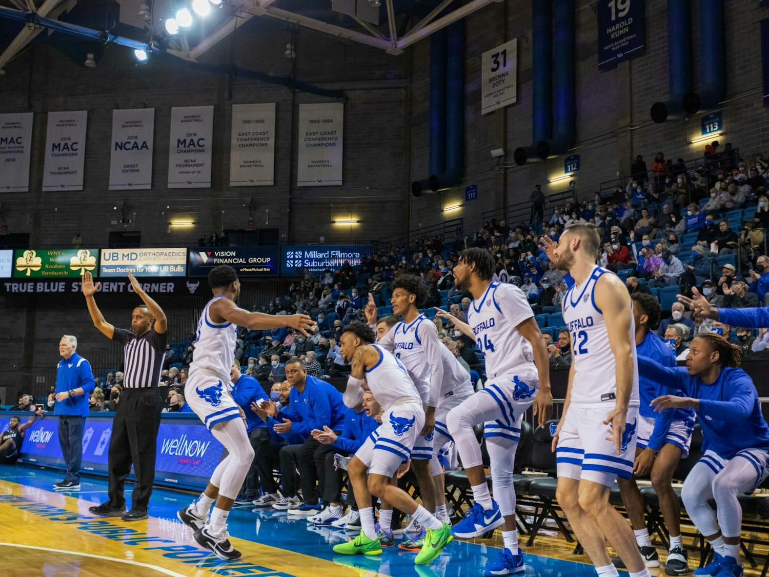 The UB bench celebrates after a big field goal during a recent game.&nbsp;
