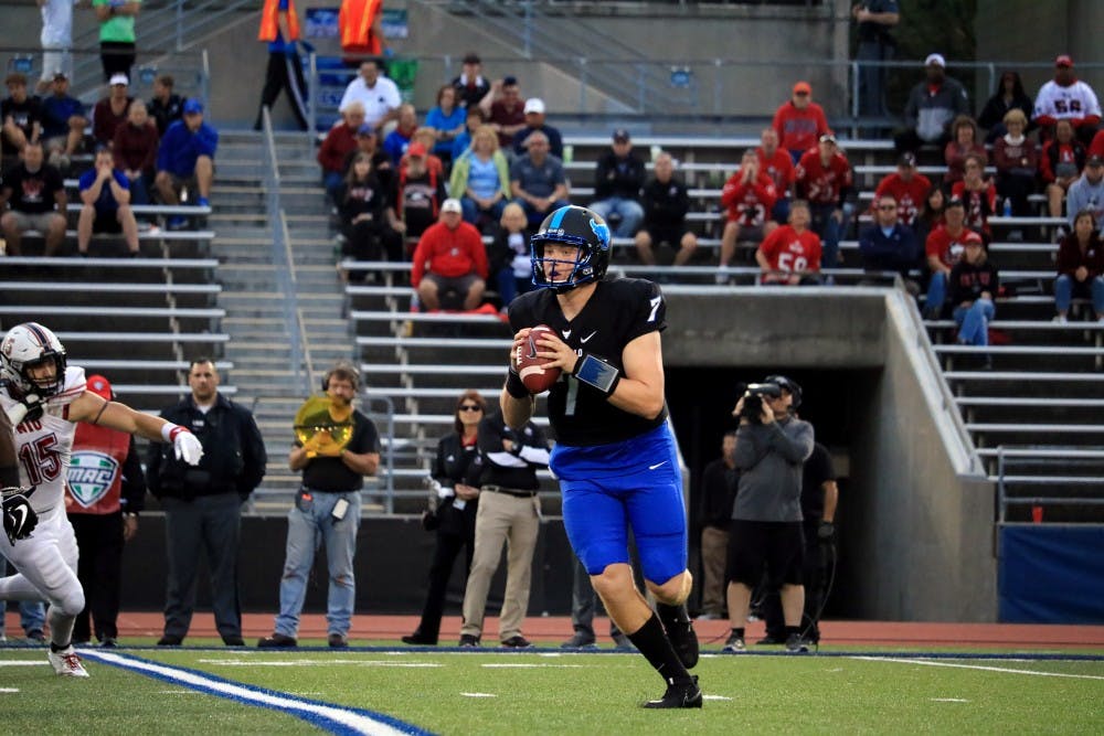 <p>Freshman quarterback Kyle Vantrease looks down field for a receiver. Vantrease finished Saturday’s game 17-of-41 for 202 yards and two touchdowns.</p>