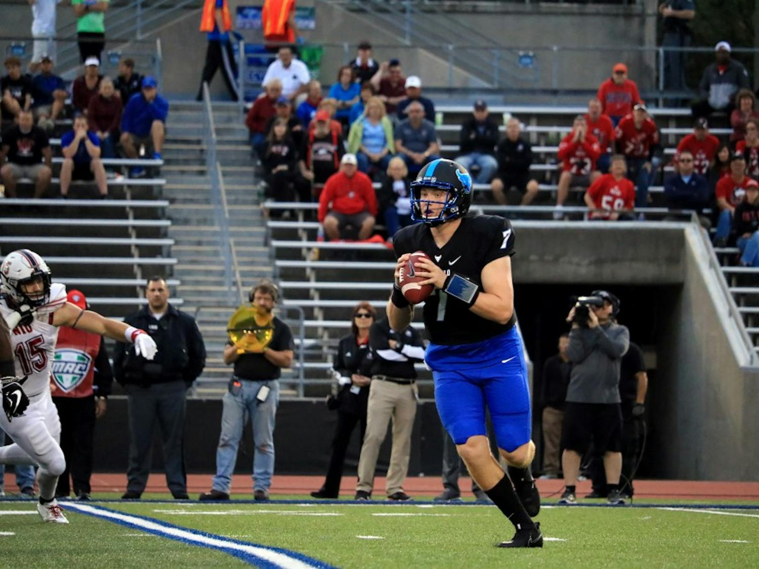 Freshman quarterback Kyle Vantrease looks down field for a receiver. Vantrease finished Saturday’s game 17-of-41 for 202 yards and two touchdowns.