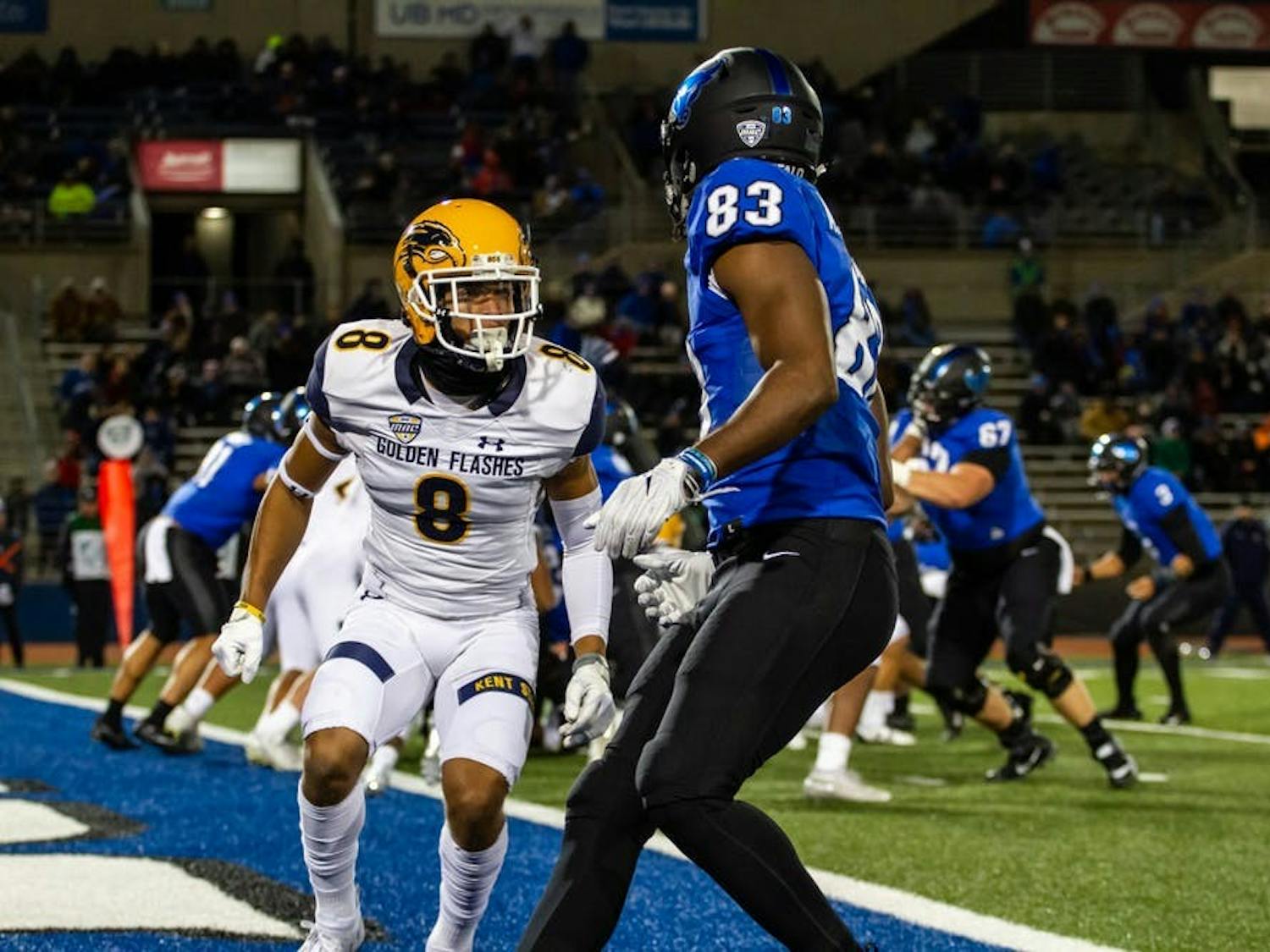 Former UB wide receiver Anthony Johnson creates space in the end zone in a regular-season game on Nov. 6, 2018.