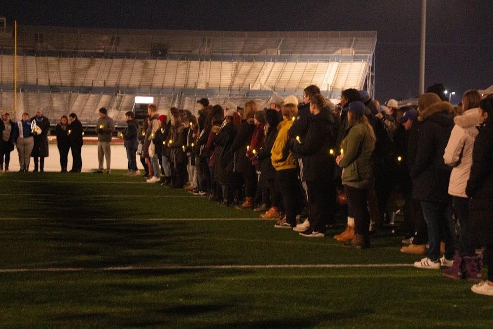 <p>Community members watched on as loved ones of the student, who died on Wednesday, spoke at UB Stadium.</p>