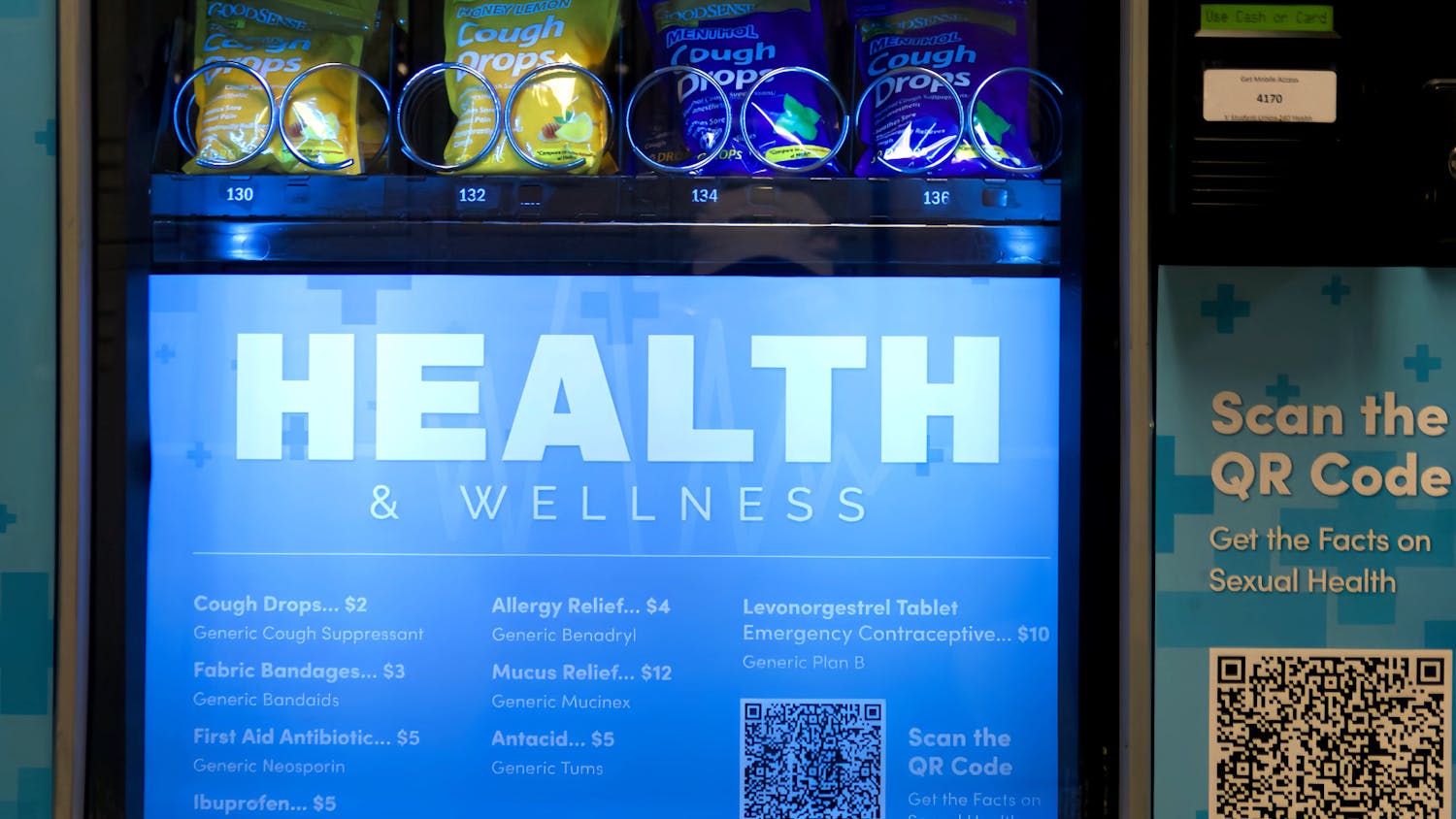 Health and Wellness vending machines are available in select locations across campus. 