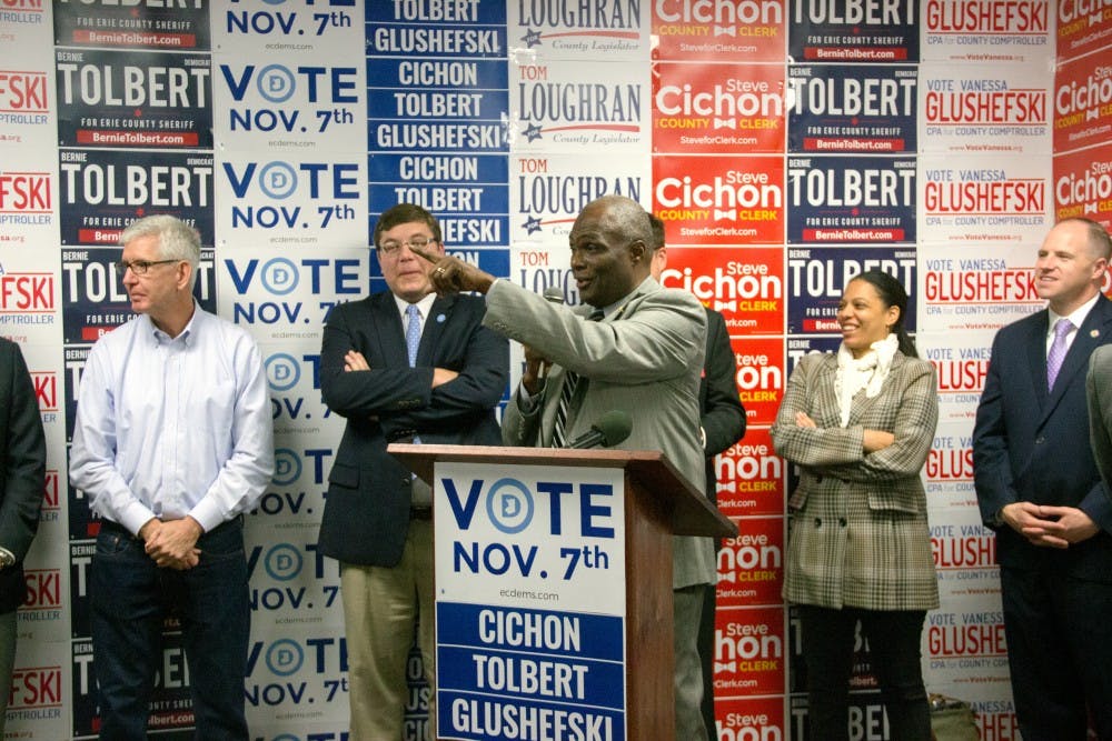 <p>Bernie Tolbert, candidate for Erie County Sheriff, speaks to a crowd of supporters at a "Get out the Vote" rally on Sunday. The rally emphasized the importance of voting in the upcoming local elections on&nbsp;Nov. 7.&nbsp;</p>