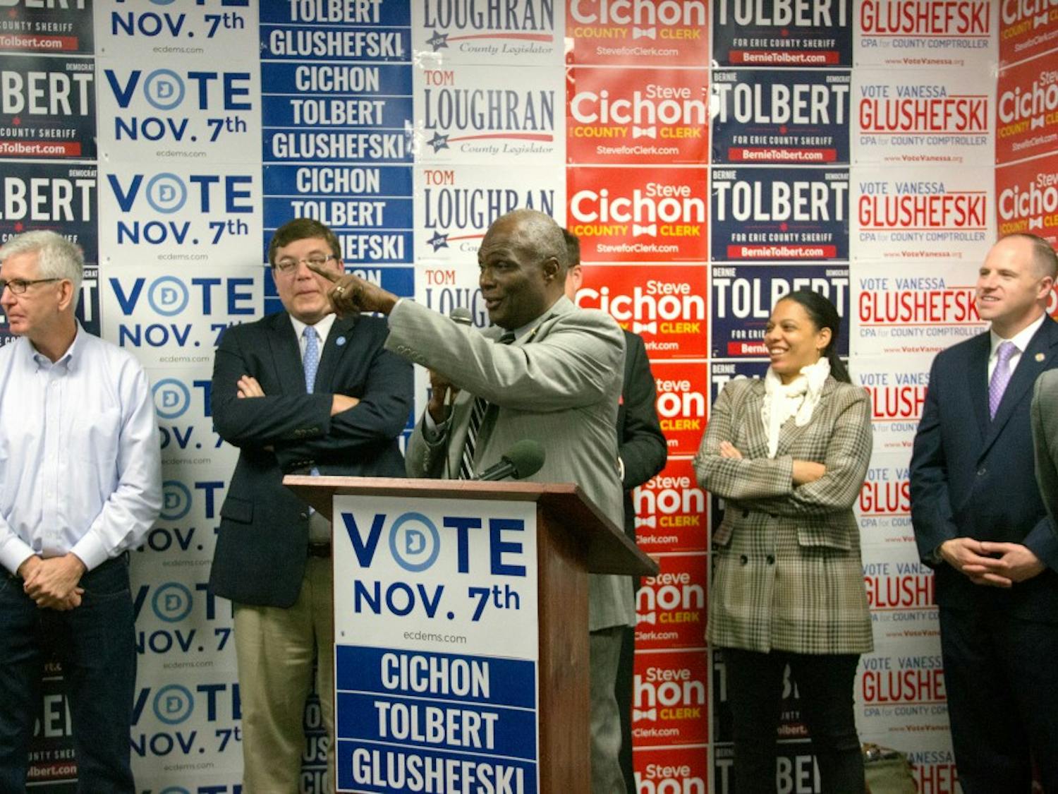 Bernie Tolbert, candidate for Erie County Sheriff, speaks to a crowd of supporters at a "Get out the Vote" rally on Sunday. The rally emphasized the importance of voting in the upcoming local elections on Nov. 7. 