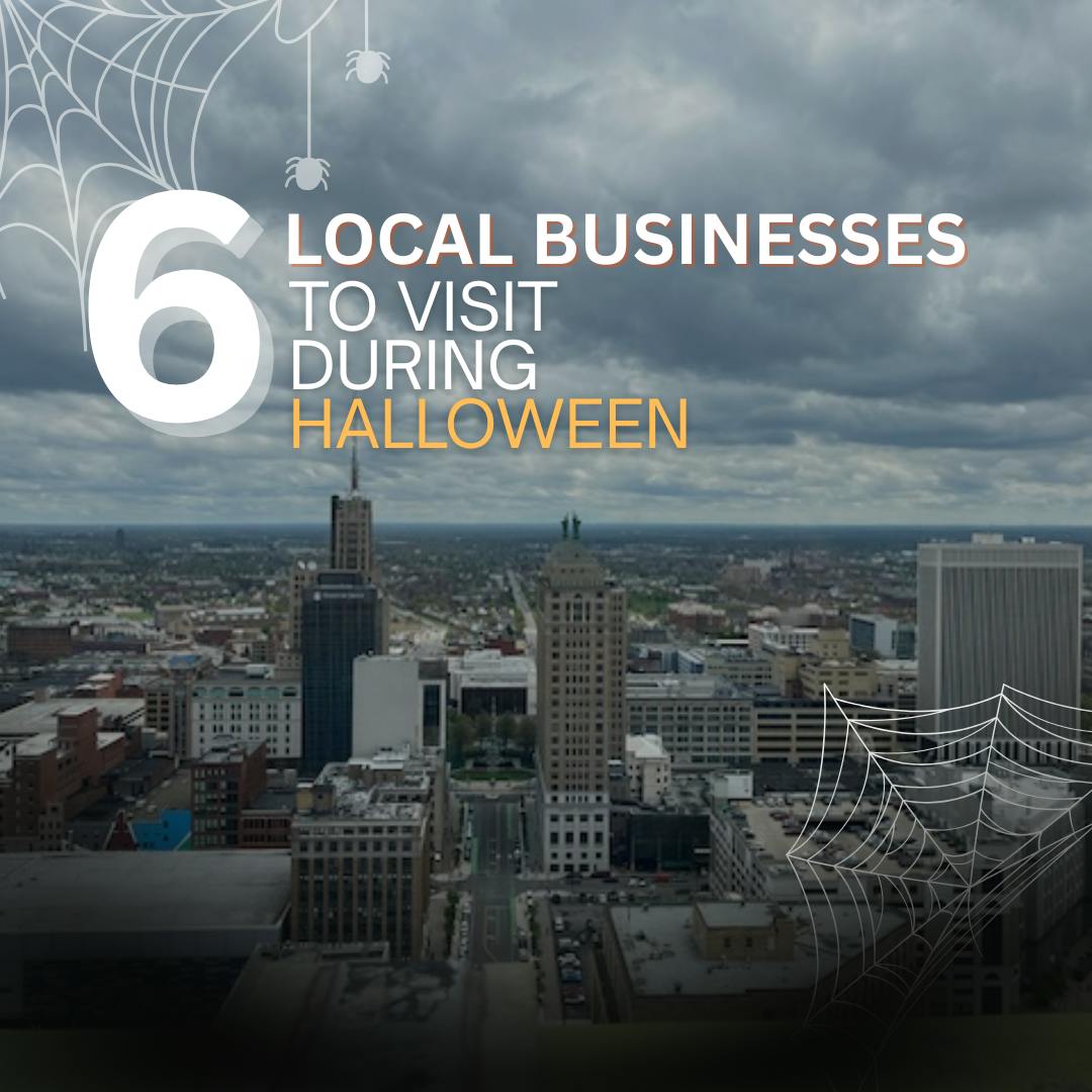 A graphic about six local businesses to visit during Halloween.