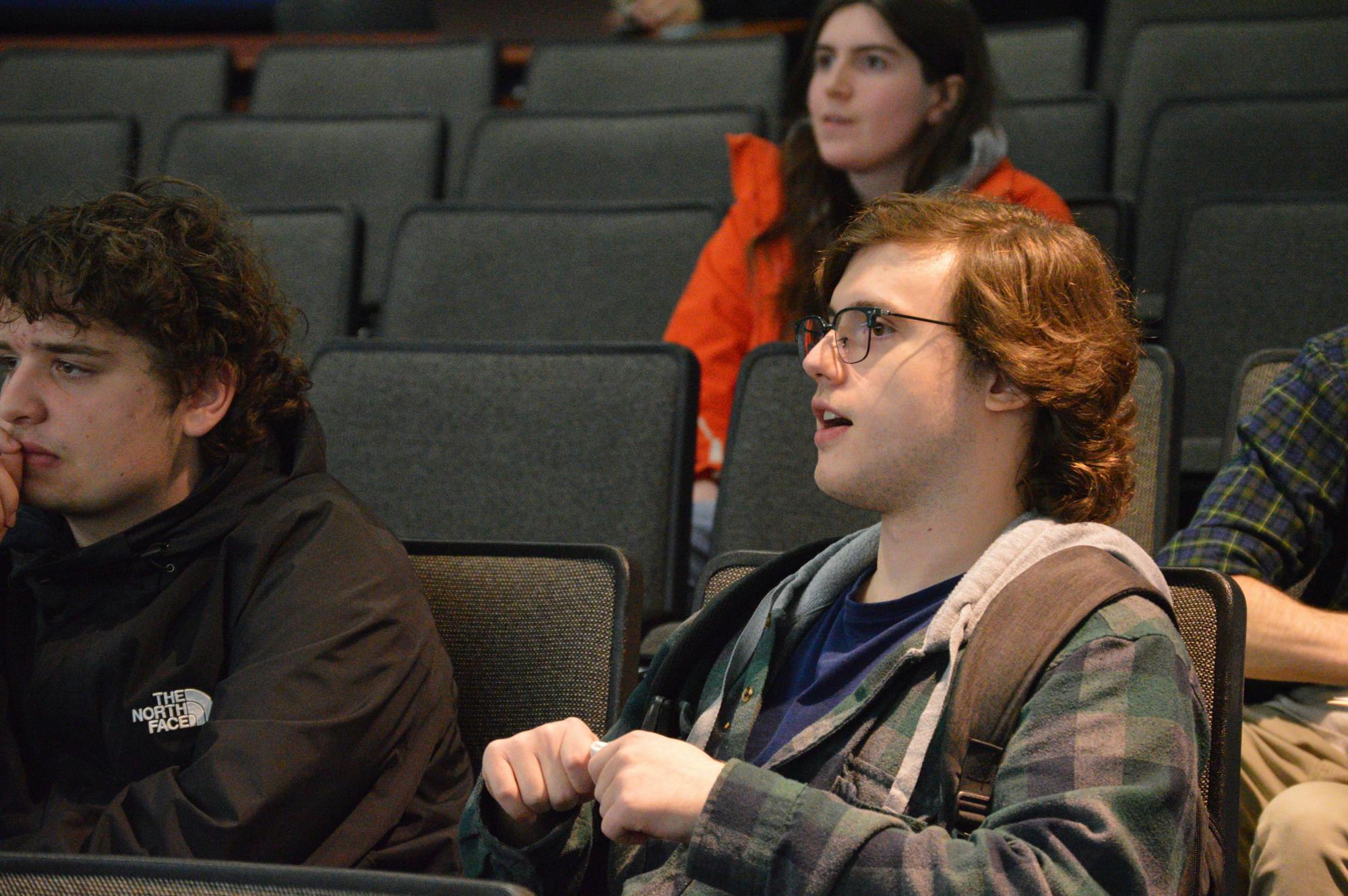 SA Senator Grant Peterson (right) speaks at a Senate meeting Feb. 25, with Joe Laurita (left) --- now Peterson's running mate --- sitting next to him.