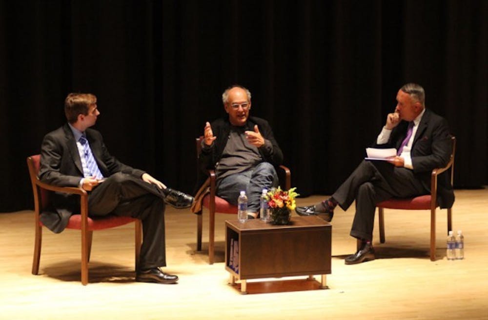 
Tyler Bauer (left), a graduate student to Alumni Relations, and Dennis Black (right), the vice president of Student Affairs, moderated a question and answer session with Shep Gordon (center), following a screening of a film about his life entitled, Supermensch: The Legend of Shep Gordon.
Yusong Shi, The Spectrum