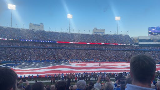 The United States of America flag at a Buffalo Bills game.