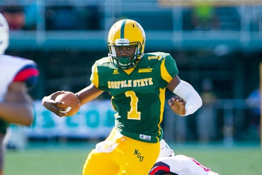 Norfolk State quarterback Terrance Ervin leads a Spartan offense that has scored just 20 points through three games this season. The Bulls host Norfolk State Saturday at 3:30 p.m. Courtesy of&nbsp;Mark W. Sutton/Mark&rsquo;s Digital Photography