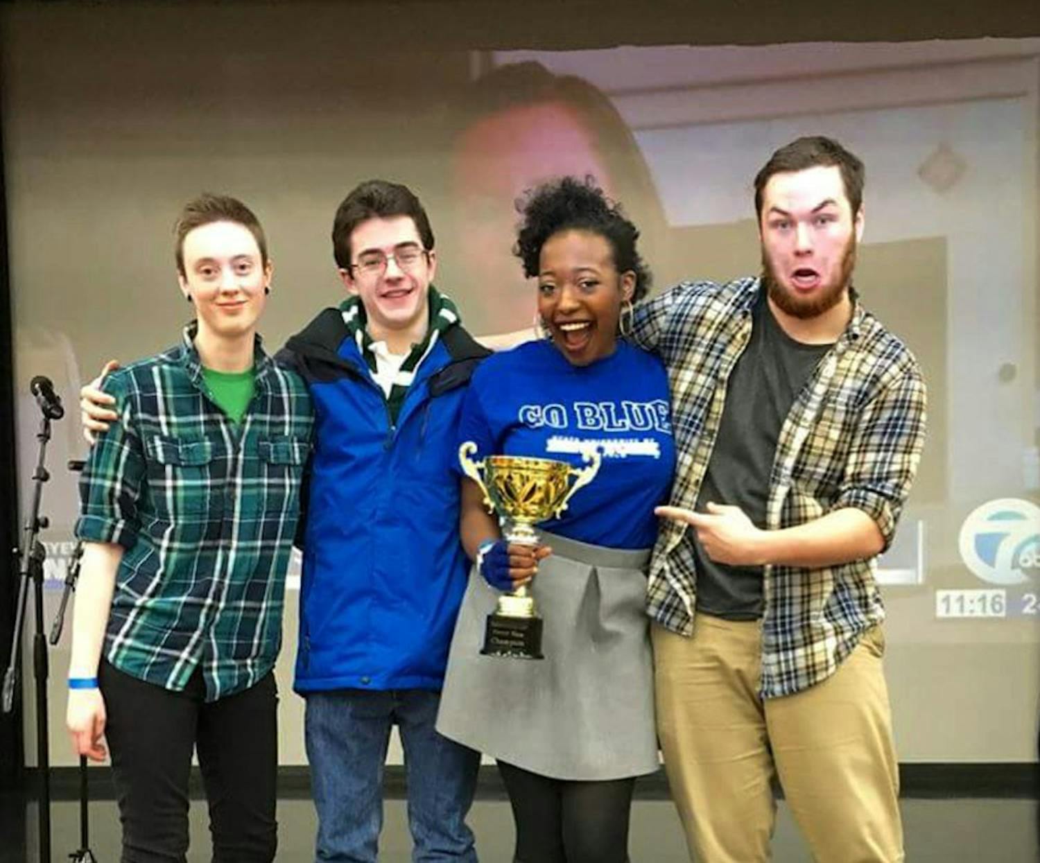 From left to right: Jeffrey Creed, Connor Mack, Danielle Johnson, Tom Dreitlein.&nbsp;UB speaks slam team members win first place at Buffalo State slam competition.