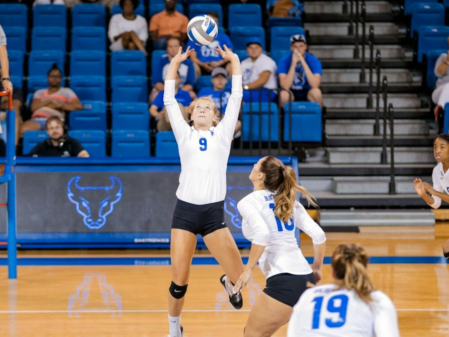 Sophomore setter Scout McLerran gets ready to set the ball for her team. She enters her second season as captain.