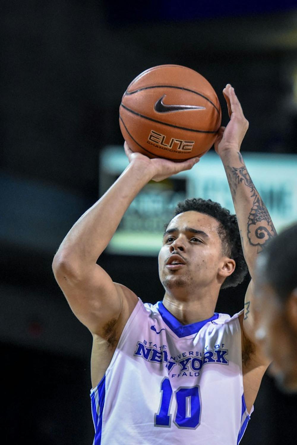 <p>Senior guard Jarryn Skeete looks to convert a free throw. The Bulls snapped their three-game losing streak with a&nbsp;88-74 home victory over Bowling Green.</p>