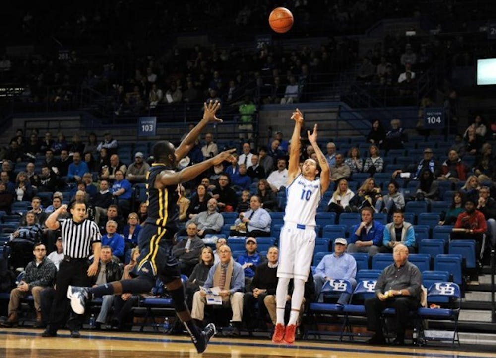 Junior guard Jarryn Skeete hits one of his four three-pointers Tuesday night. Skeete scored 14 points as the Bulls defeated Drexel 80-70.&nbsp;Yusong Shi, The Spectrum.&nbsp;