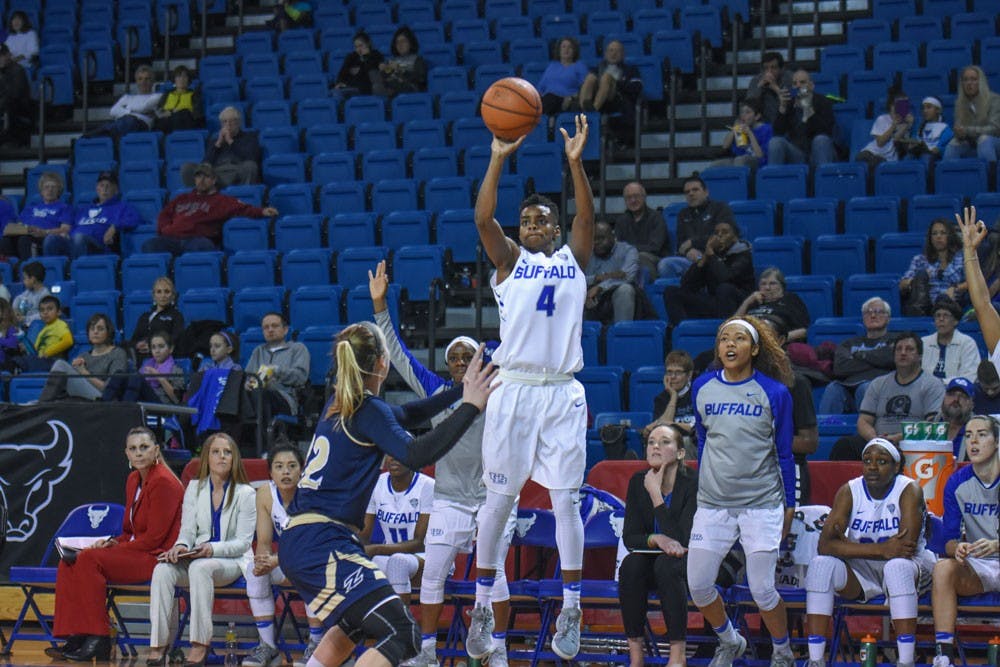 <p>Senior guard Joanna Smith takes a shot. The Bulls now advance to the quarter-finals of the MAC Tournament.</p>