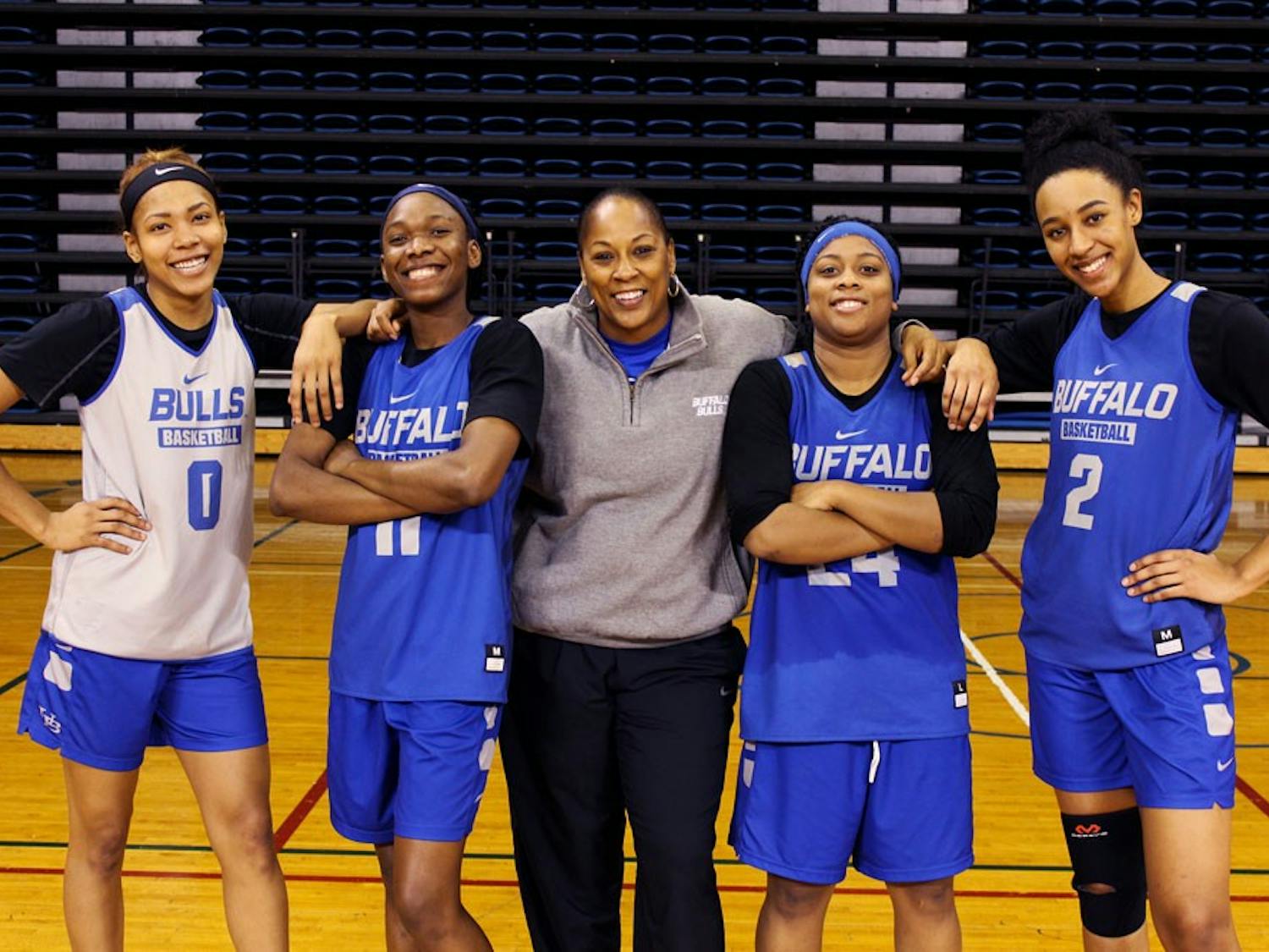 Head coach Felisha Leggette-Jack stands with her freshman and transfers. She hopes they will help her win a second straight MAC Championship.