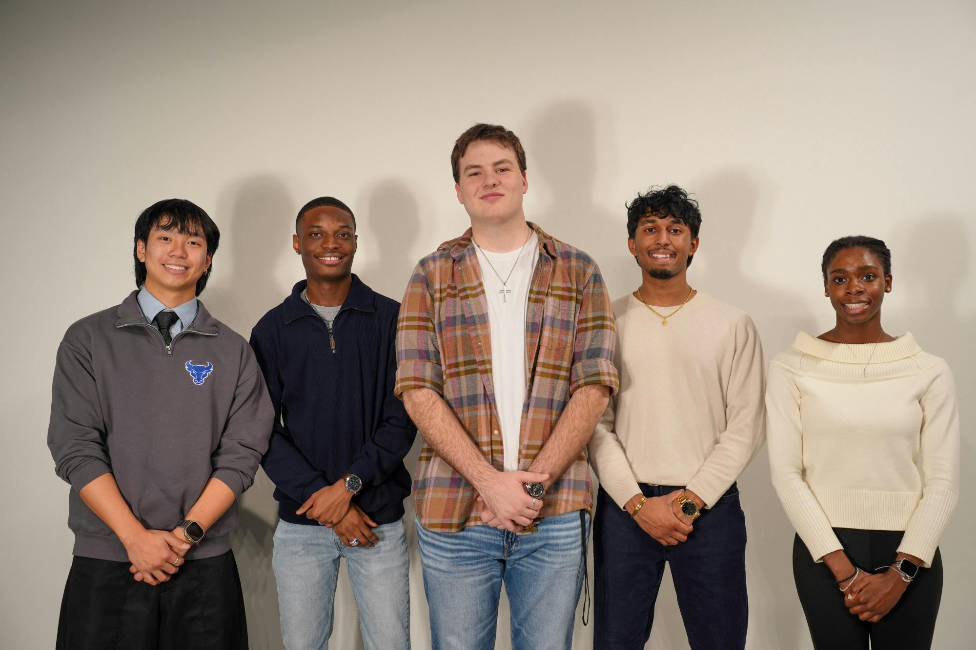 A photo of the "REAL" party, which will be SA's 2026-27 e-board: (left to right) William Dong as vice president for events, Laron Fomby as treasurer, Jack Koscinski as president, Pranavan Balachandran as vice president for clubs and Na'Dia Carter as vice president for advocacy.