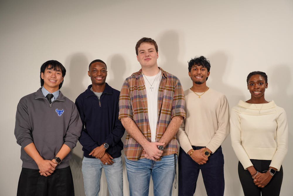 A photo of the "REAL" party, which will be SA's 2026-27 e-board: (left to right) William Dong as vice president for events, Laron Fomby as treasurer, Jack Koscinski as president, Pranavan Balachandran as vice president for clubs and Na'Dia Carter as vice president for advocacy.
