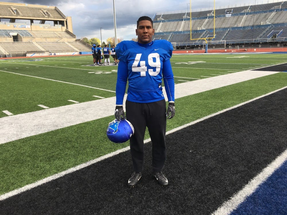 <p>Taylor Riggins stands tall after practice. Riggins has been backing up Chuck Harris all season but might get his first chance to start this Saturday.</p>