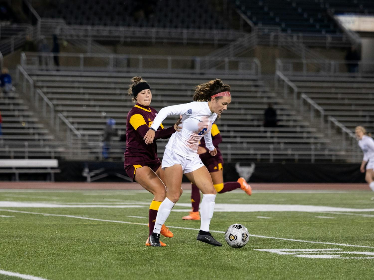 Freshman midfielder Katie Krohn dribbles the ball in UB's 2-1 victory against Central Michigan on Thursday.