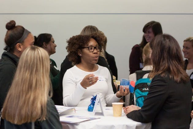 On Wednesday, UB Alumni Association and UB Career Services co-hosted UB Schmoozin for Women in STEM Fields. The event gave female students, like Kendra Claiborne, a senior computer science major,&nbsp;in science, technology, engineering and mathematics majors (STEM) a chance to talk to alumni in the same fields.&nbsp;Derek Drocy, The Spectrum