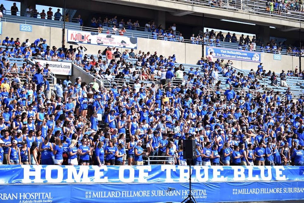 <p>Students are standing in the grandstands during Buffalo’s home opener against Albany. Dr. Burt Rubin donated a $1.5 million bequest to UB Athletics earlier in the week.</p>