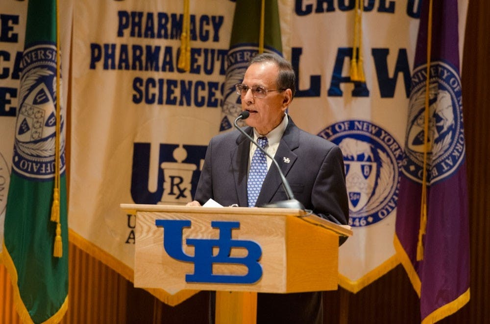 <p>President Satish Tripathi gives his annual State of the University address in&nbsp;October of 2015. Tripathi released a letter to the university community on Friday in regards to recent anti-Semitic incidents on campus - graffiti of anti-Semitic slurs on a bathroom stall and a cyberattack&nbsp;of UB printers to produce anti-Semitic&nbsp;flyers.&nbsp;&nbsp;</p>