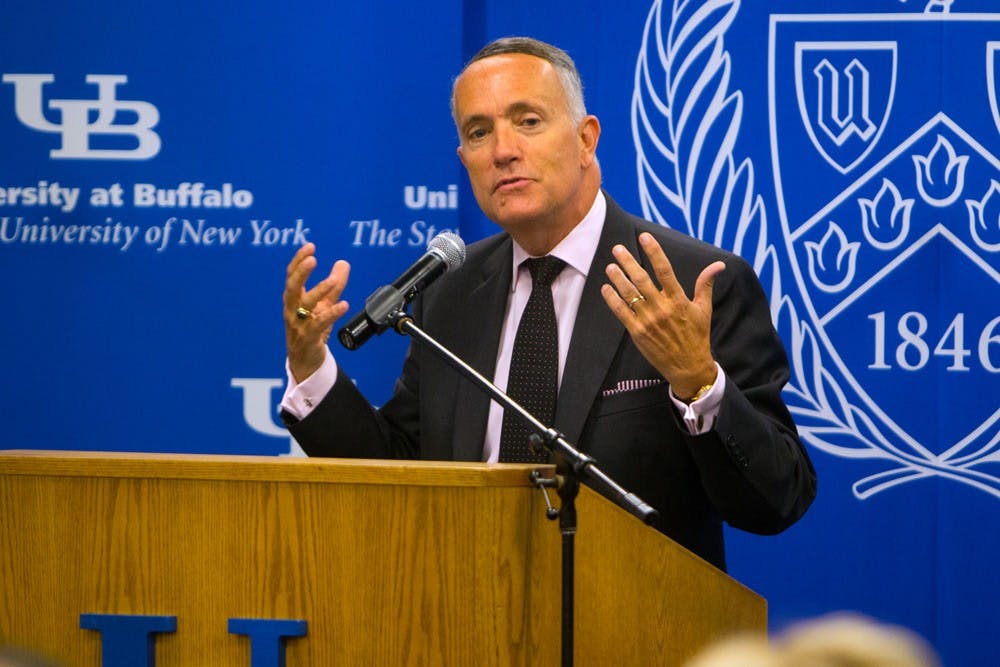 <p>Former Vice President Dennis Black speaks in front of faculty and students.&nbsp;Black is under investigation for hundreds of thousands of dollars in expenditures during his time at UB.</p>